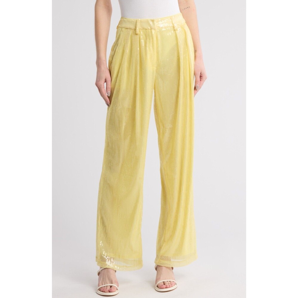 STAUD Luisa Sequin Pants Sunray Yellow Pleated Wide Leg Size 4 NWT Party